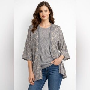 Pure J Jill XL Cardigan Gray White Tan Lightweight Cotton Blend Open Front